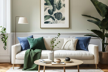 a framed art print on the wall above of an elegant sofa with green and white pillows, green throw blanket on the sofa, a coffee table in front of it with plants, modern style, natural lighting, inviti - obrazy, fototapety, plakaty