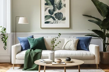 Fotobehang a framed art print on the wall above of an elegant sofa with green and white pillows, green throw blanket on the sofa, a coffee table in front of it with plants, modern style, natural lighting, inviti © 성우 양