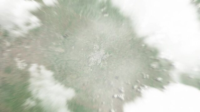 Earth zoom in from space to Moca, Dominican Republic. Followed by zoom out through clouds and atmosphere into space. Satellite view. Travel intro. Images from NASA