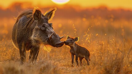 A warthog imparts foraging wisdom to its offspring, underscoring knowledge transfer and communal progress through education. - obrazy, fototapety, plakaty