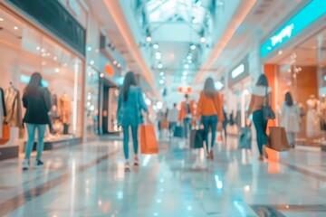 Blurred shopping mall shoppers walking motion blur abstract background with shopping bags - obrazy, fototapety, plakaty