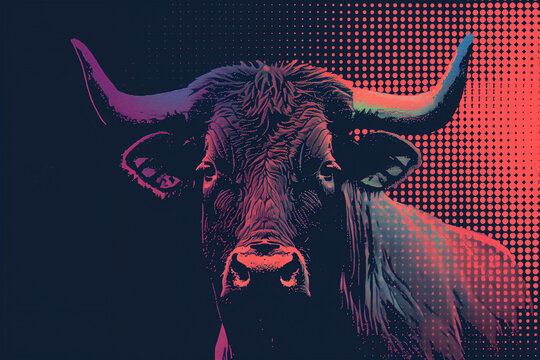 Image of a bull mixed with dot graphics on a black background