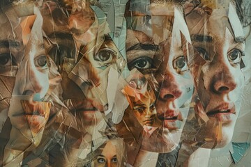 A collage of a womans face with many different faces, each displaying fragmented and distorted expressions that convey a fragmented sense of self and identity