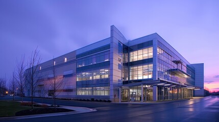 Obraz premium Modern office building exterior at twilight with illuminated windows, clear sky, and a calm street leading to the entrance.