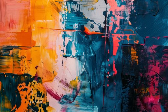 Expressive abstract painting featuring vibrant blue, yellow, pink, and orange brushstrokes, capturing intense emotional turmoil
