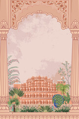 Traditional Jaipur architecture, arch, garden, peacock, plant, tree illustration frame