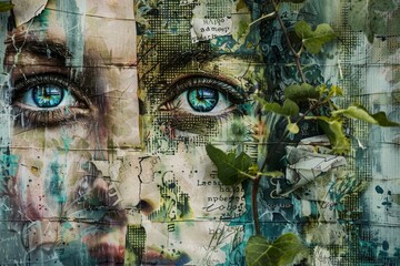 Mixed media artwork of a womans face with striking blue eyes, exploring mental health disorder stigma and misconceptions