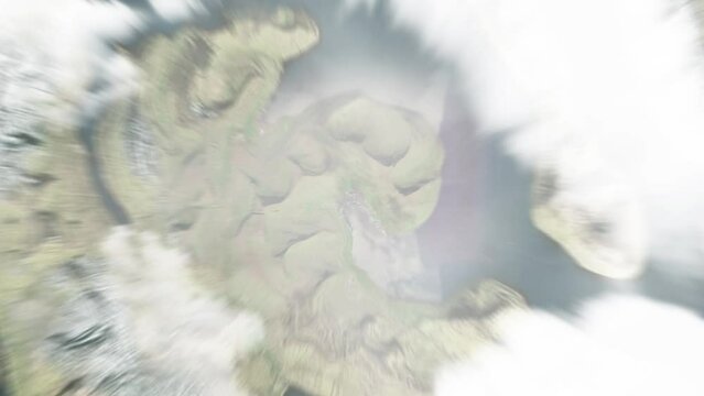 Earth zoom in from space to Fuglafjordur, Faroe Islands. Followed by zoom out through clouds and atmosphere into space. Satellite view. Travel intro. Images from NASA