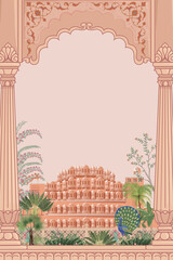 Traditional Jaipur architecture, arch, garden, peacock, plant, tree illustration frame