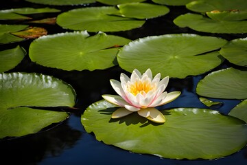 A water lily in full bloom, surrounded by green lily pads on a serene pond. The tranquil scene reflects the calm blue sky, peace and natural beauty. generative ai