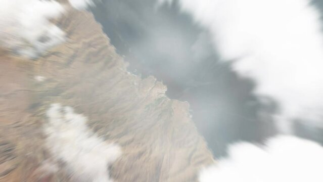 Earth zoom in from space to Pedra Badejo, Cabo Verde. Followed by zoom out through clouds and atmosphere into space. Satellite view. Travel intro. Images from NASA
