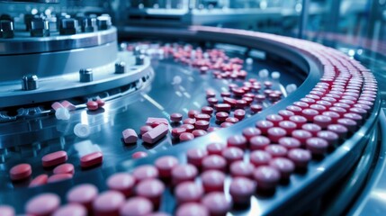 Fototapeta na wymiar Pharmaceutical production line with red pills on a conveyor belt under blue light in a high-tech manufacturing facility.
