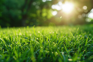 Grass. Fresh green spring grass in sunlight closeup. Soft Focus. Abstract Nature Background
