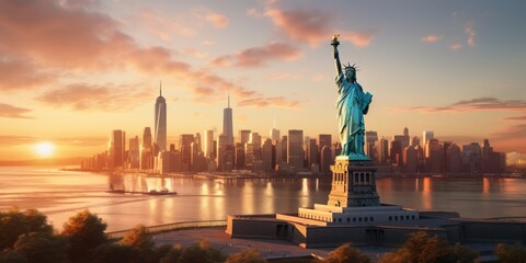 Statue of Liberty at sunset Generative AI - obrazy, fototapety, plakaty