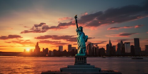 Statue of Liberty at sunset Generative AI