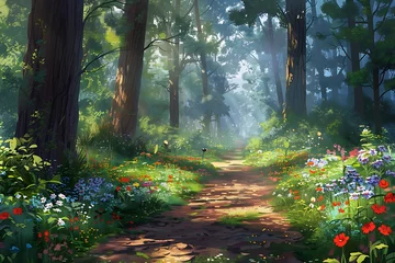 Foto op Plexiglas : A tranquil forest path with tall trees, colorful wildflowers, and dappled sunlight © crescent