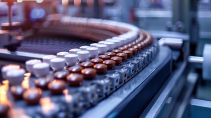 Pharmaceutical production line: Automated machinery packaging medicines in a sterile and precise factory setting. Technology in healthcare industry.