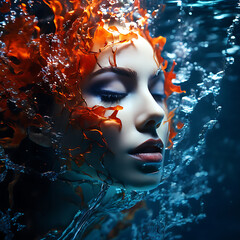 underwater portrait fire and water cracked porcelain mask water flames lick a womans face surre