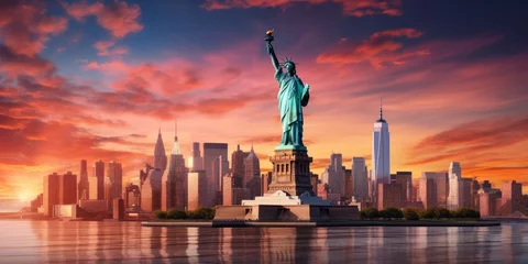Foto op Plexiglas Statue of Liberty at sunset Generative AI © Evghenii