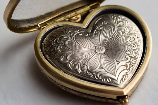 A golden heart-shaped locket with floral engravings on a white background. A romantic and elegant jewelry piece for love and memory. generative ai - Powered by Adobe