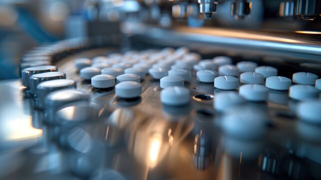Pharmaceutical production line with white pills on a conveyor belt in a modern manufacturing facility, showcasing automated medicine technology.