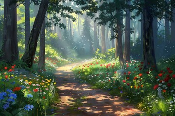 : A tranquil forest path with tall trees, colorful wildflowers, and dappled sunlight