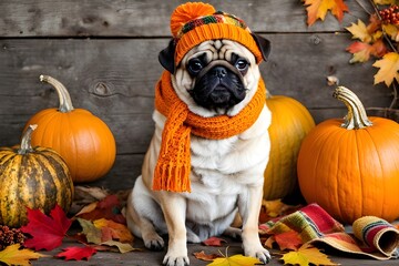 a cute pug dog in an orange scarf and hat with pumpkins and colorful autumn leaves, vibrant colors of fall. Perfect for autumn or pet concepts. generative ai