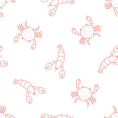 Lobsters and crabs doodle style seamless pattern. Vector illustration of river and marine life. Background delicacies seafood. - 772117567