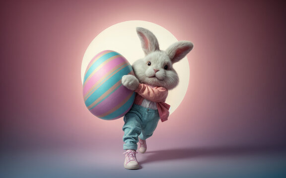 Studio photo of a cute Easter bunny in retro style clothes holding a large colorful Easter egg