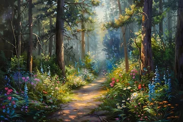 Poster Im Rahmen : A tranquil forest path with tall trees, colorful wildflowers, and dappled sunlight © crescent