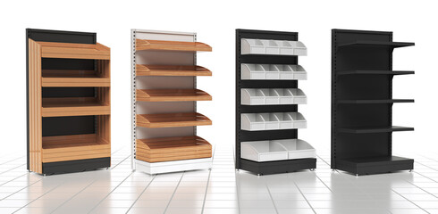 Retail racks mockups with wooden shelves, plastic bins and simple shelves. 3d illustration set