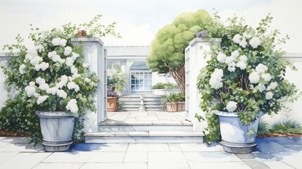 Fototapeta premium Captured in a watercolor painting of a serene garden gateway is surrounded by lush greenery and potted plants, evoking a peaceful ambiance and natural beauty.
