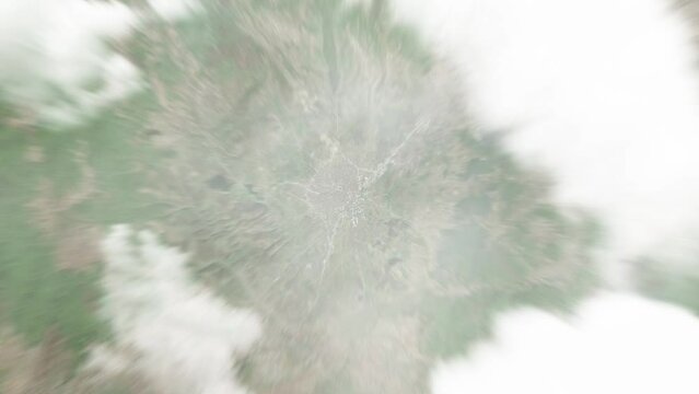 Earth zoom in from space to Gjilan, Kosovo. Followed by zoom out through clouds and atmosphere into space. Satellite view. Travel intro. Images from NASA