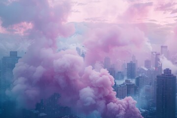 An urban landscape covered in billowing pink smoke, creating a dreamy and surreal atmosphere
