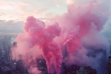 Fototapeta na wymiar Pink smoke billows from the top of a skyscraper, adding a dreamy and surreal element to the urban cityscape below