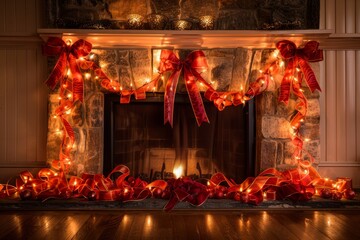 A fireplace mantel decked with red bows and lights, adding a festive touch to the cozy setting - obrazy, fototapety, plakaty