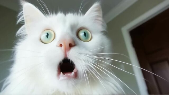 Shocked White Cat with Wide Green Eyes Close-up
