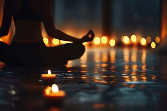 A woman in a yoga position with candles glowing around her in a dimly lit room