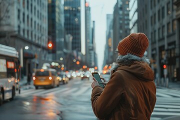 A person standing on a city street, using a cell phone to navigate the urban landscape