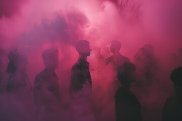 A group of individuals standing amidst swirling pink smoke in a fog-filled area, with their silhouettes partially obscured