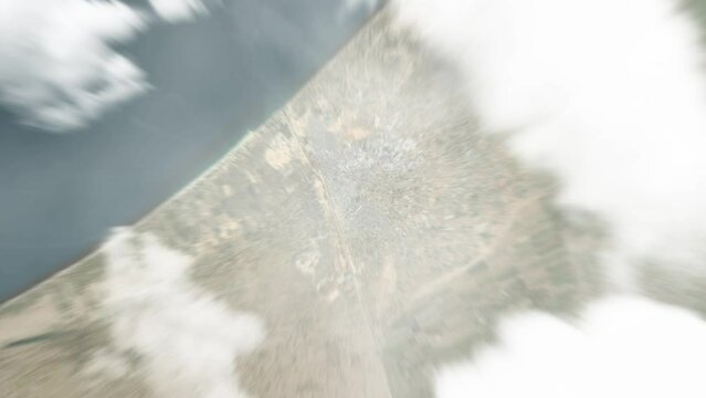 Earth zoom in from space to Rafah, Gaza Strip. Followed by zoom out through clouds and atmosphere into space. Satellite view. Travel intro. Images from NASA