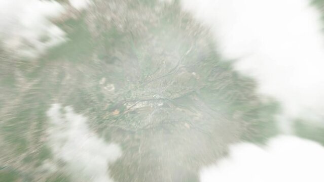 Earth zoom in from space to Suva Reka, Kosovo. Followed by zoom out through clouds and atmosphere into space. Satellite view. Travel intro. Images from NASA