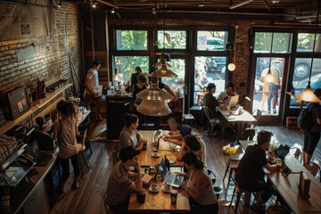 Diverse group of individuals sitting together at a wooden table in a bustling coffee shop, engaged in conversation and using cell phones
