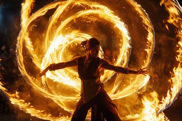 A man standing amidst swirling flames as he performs with a fire ball, creating a dynamic border of fiery movement - Powered by Adobe