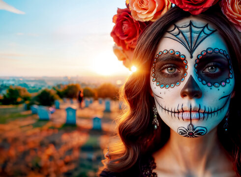 Joven mujer en camposanto al amanecer con maquillaje de catrina del d&iacute;a de muertos. Tradici&oacute;n mexicana. Maquillaje de calavera