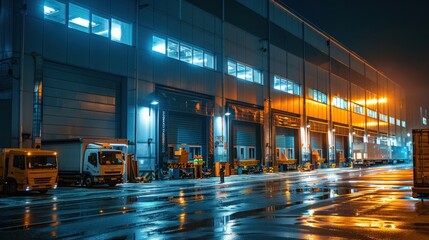 Industrial warehouse at night with glowing lights, wet pavement reflecting lights, trucks parked near loading docks.