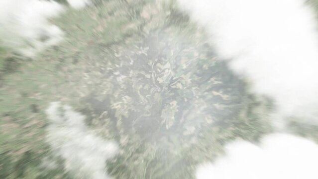 Earth zoom in from space to Clervaux, Luxembourg. Followed by zoom out through clouds and atmosphere into space. Satellite view. Travel intro. Images from NASA