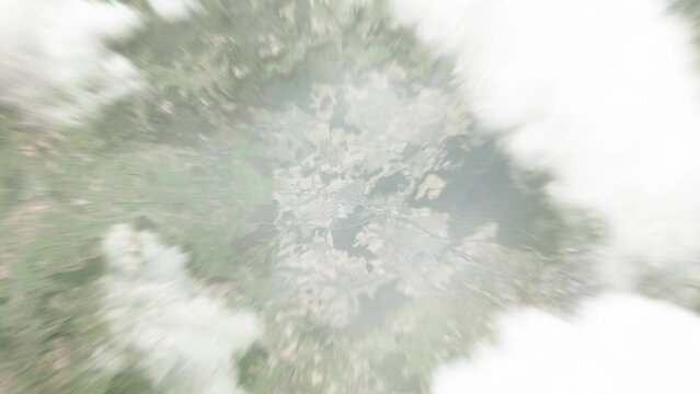 Earth zoom in from space to Capellen, Luxembourg. Followed by zoom out through clouds and atmosphere into space. Satellite view. Travel intro. Images from NASA