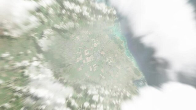 Earth zoom in from space to Centre de Flacq, Mauritius. Followed by zoom out through clouds and atmosphere into space. Satellite view. Travel intro. Images from NASA