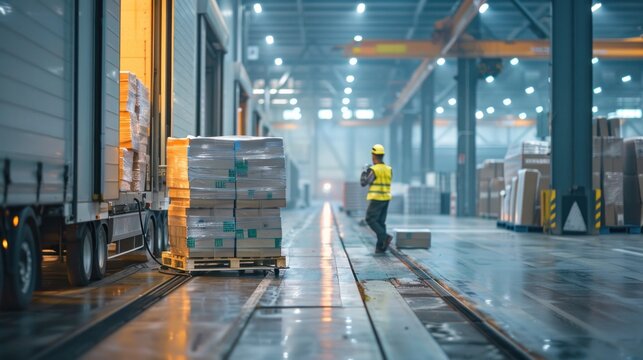 A worker in high-visibility gear inspects pallets in a well-lit, modern warehouse with logistics truck parked nearby.